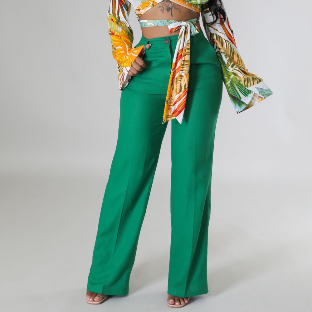 •Living For Linen• Green Linen Straight Front Single Button Wide Leg Pants - Picture 1 of 5